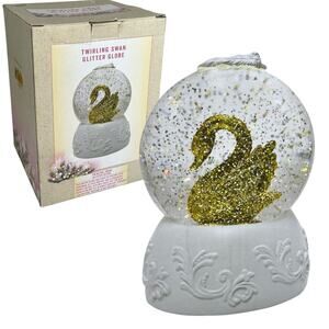 VTG Cracker Barrel TWIRLING SWAN GLITTER GLOBE Music Box Gold Figure Rotates